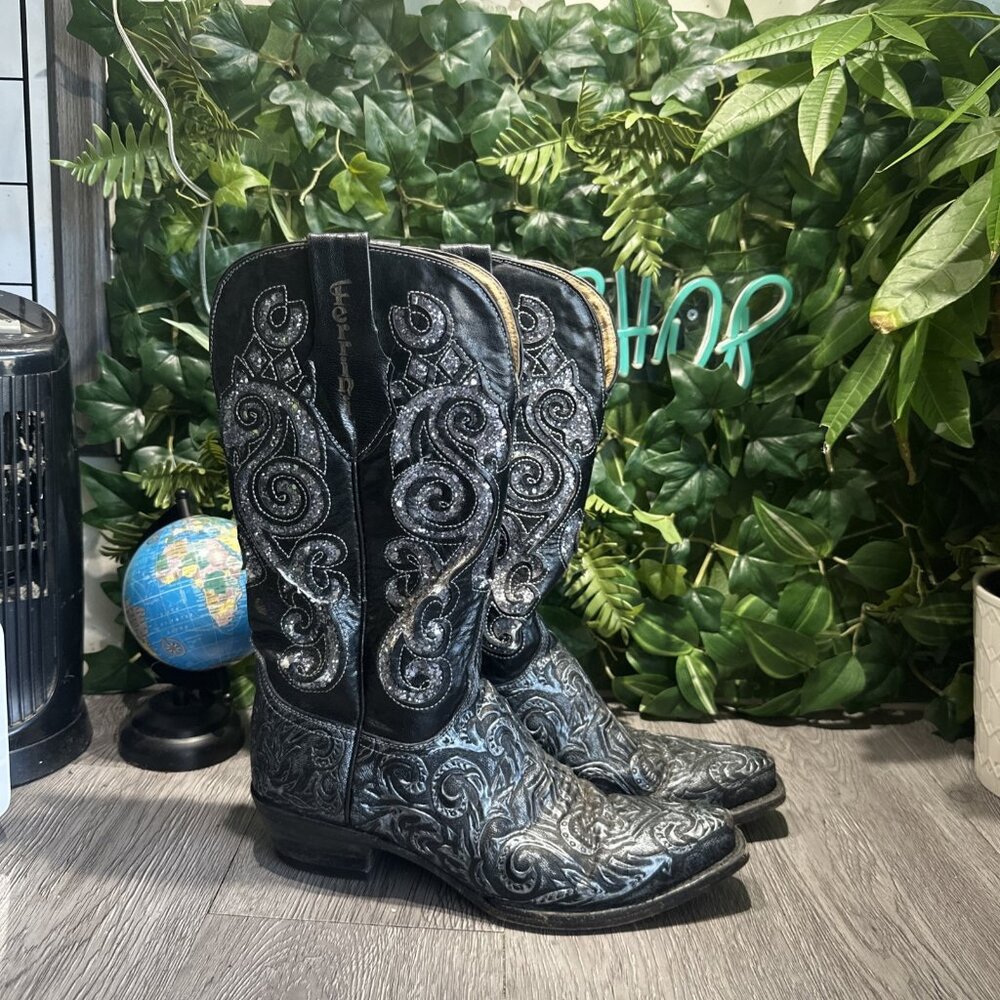 Ferrini Black Horns Print Sequin Glitter Western Boots | Women's 8.5 B